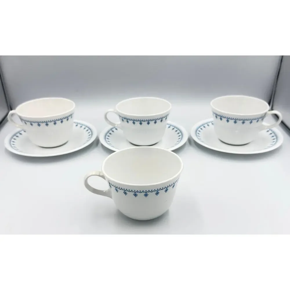 Vintage Snowflake Blue (Corelle) by CORNING - Flat Cup & Saucer 7pc Set